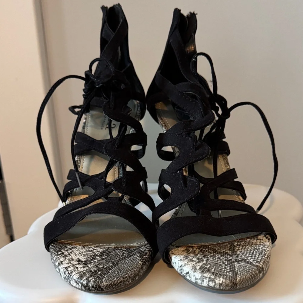 a.n.a Black Strappy Heels with Snakeskin Accent
